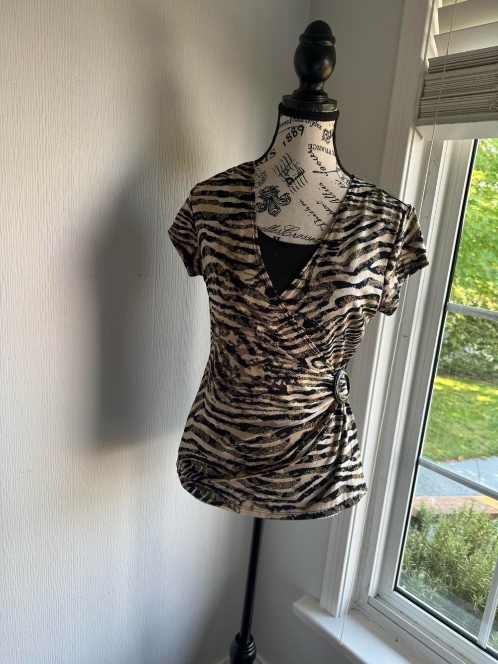 Women's Black and beige Zebra Print Wrap Top with Side Ring